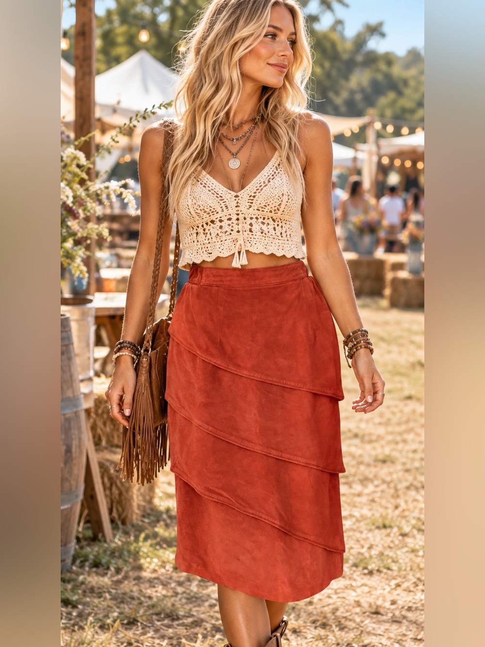 Vintage SKOVA Size 6 M Genuine Leather Suede Tiered Midi Skirt Rust Boho Western